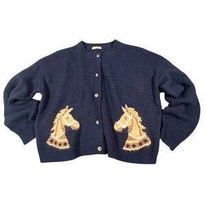 Golden Womens Navy Blue Horse Intarsia Knit‎ Western Cardigan Sweater Medium